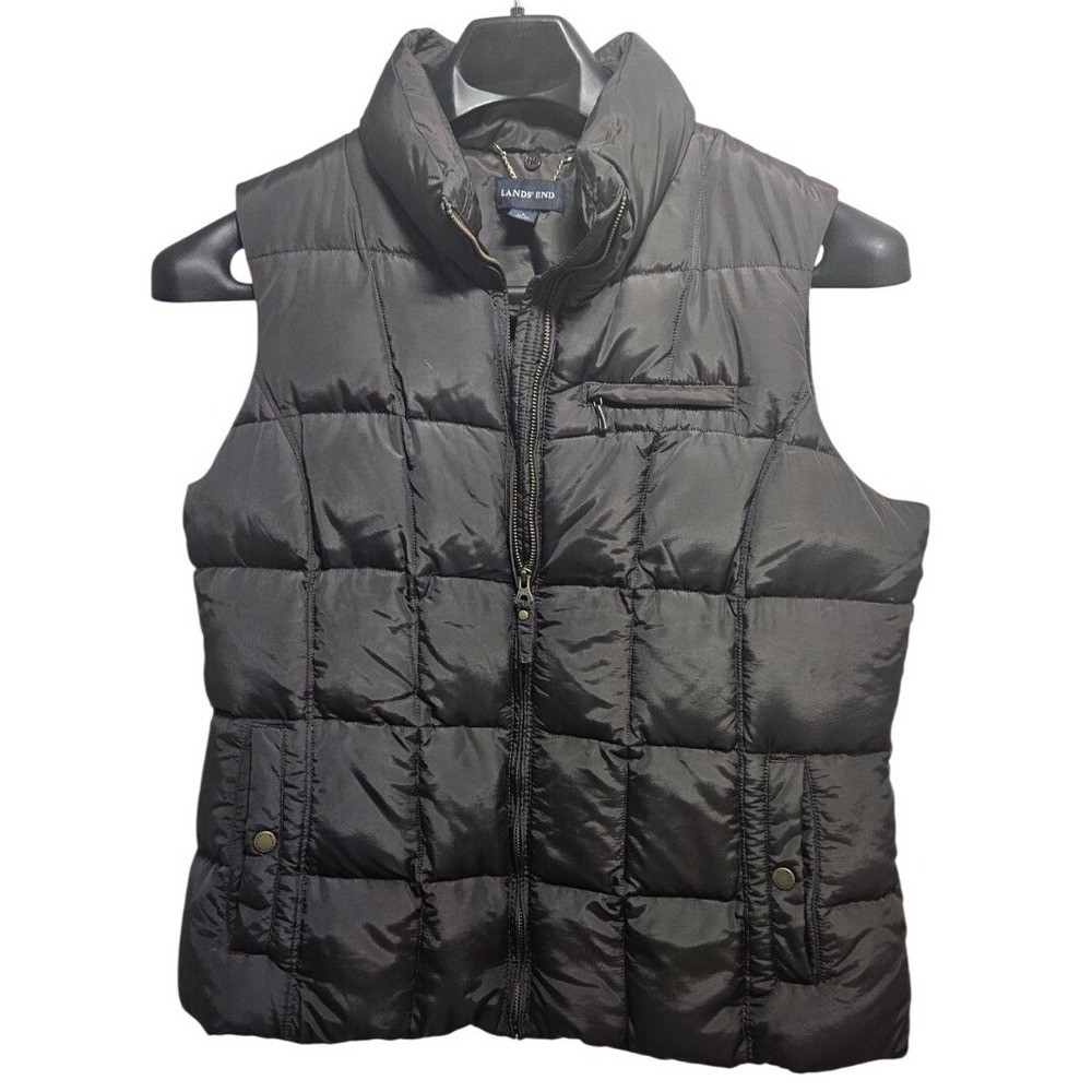 Lands End Womens Puffer Vest Size L 14 16 Charcoal Gray Full‎ Zip Stand Collar